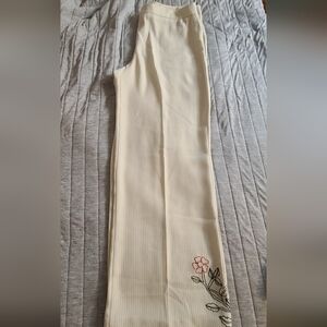 Floral Embroidered Wide Leg Pants - Cream handmade hem.